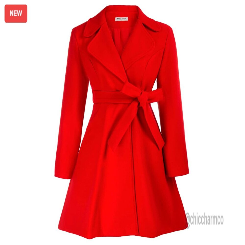 Wool-Like A-Line Trench Coat with Belt, Notch Lapel, Pockets, Lined